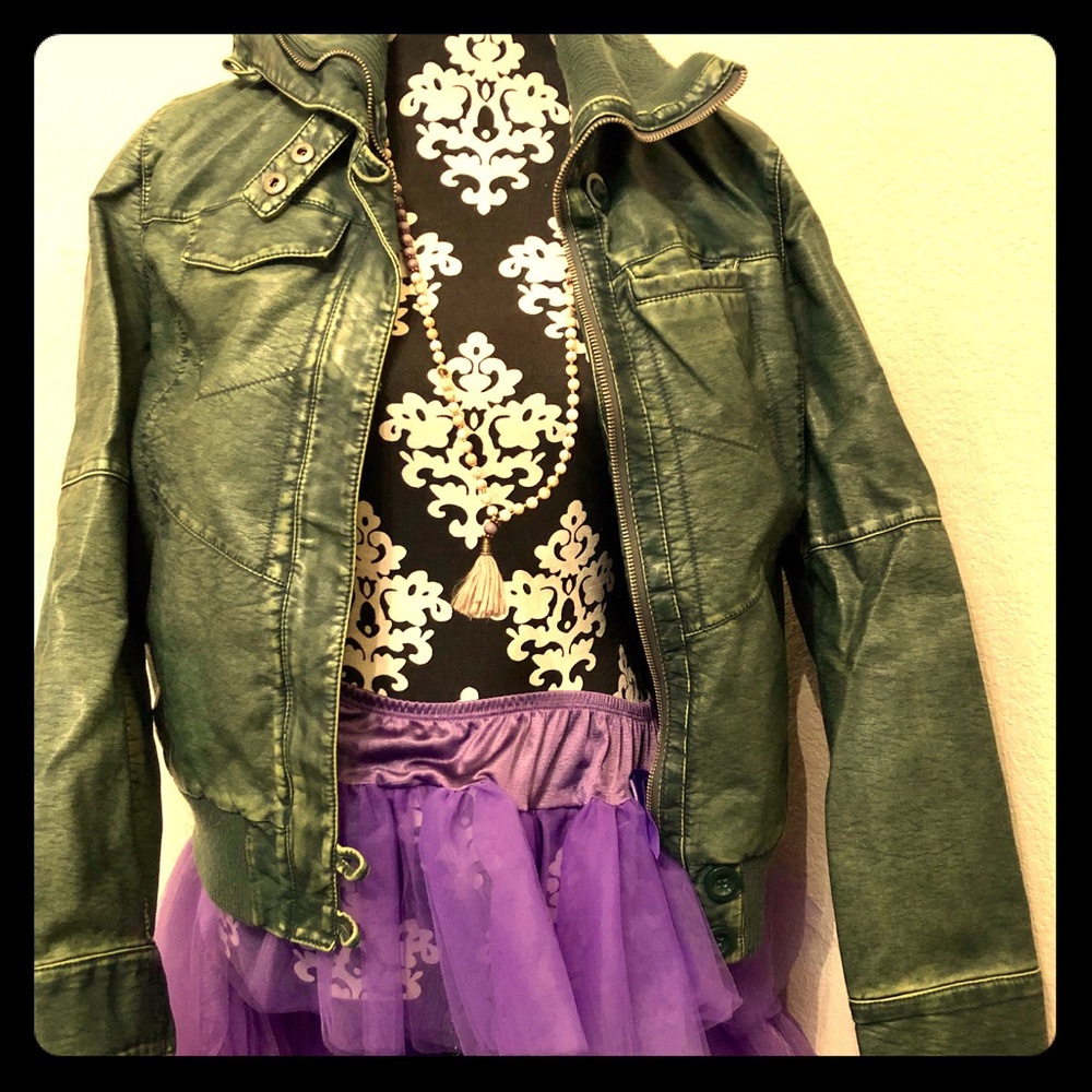 Vegan leather, army green jacket. Perfect for fall